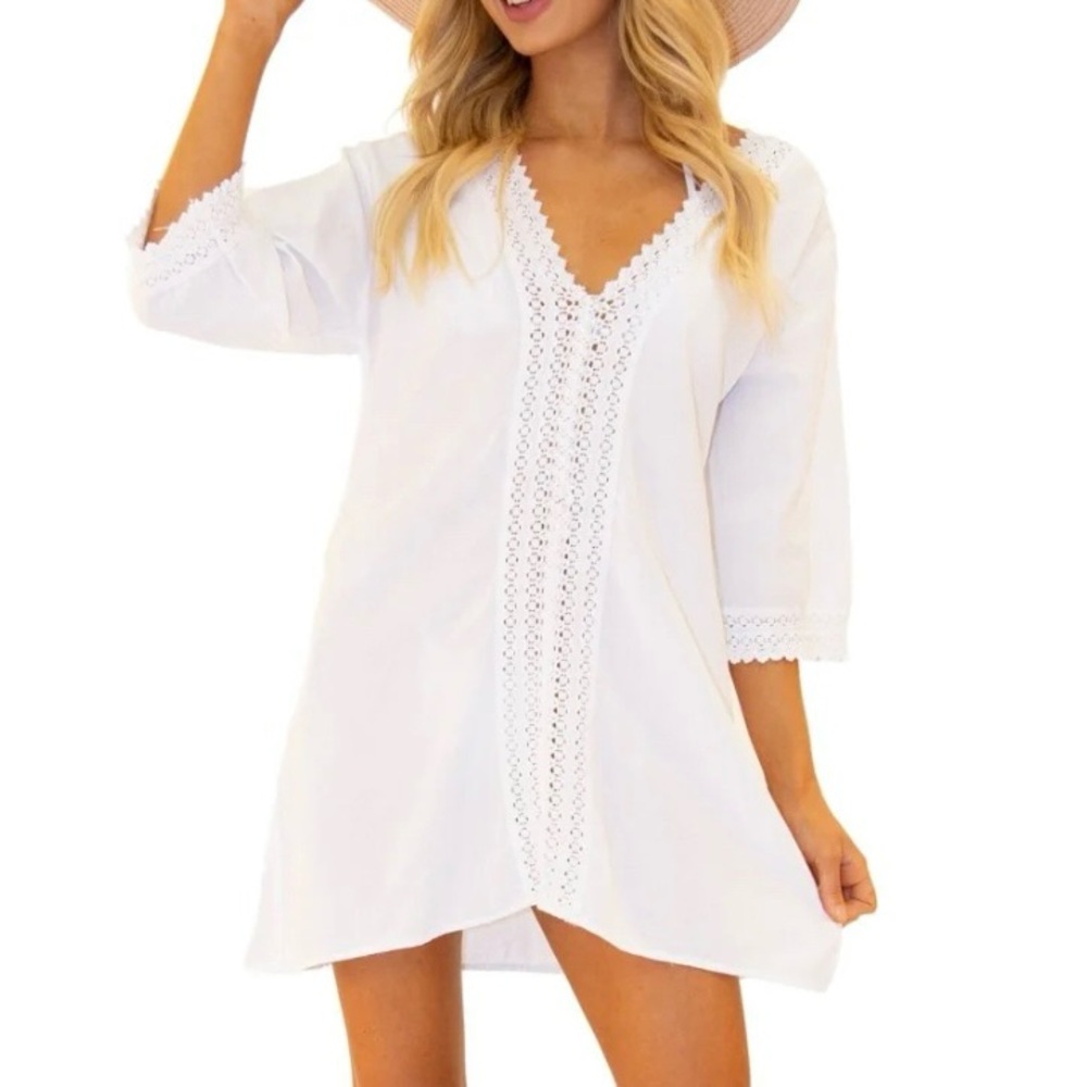 Seaspice Peruvian Cotton Resort Tunic Swim Cover Mini Dress White Crochet Trim M